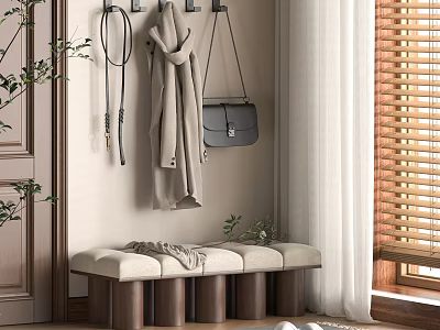 Wooden Shoe Bench With Upholstered Seat In Entryway With Coat Hooks Blinds And Plants 3d model
