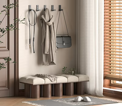 Wooden Shoe Bench With Upholstered Seat In Entryway With Coat Hooks Blinds And Plants 3d model