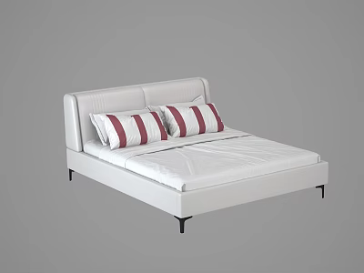 Modern Minimalist Double Bed with White Frame Red and White Striped Pillows and Black Legs 3d model