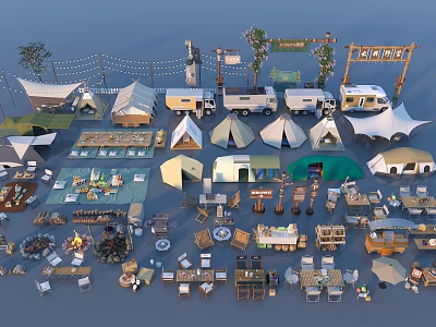 Different Camping Tents With RVs Camping Gear Tables Chairs Lighting And Furniture 3d model