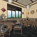Traditional Chinese Private Room With Wooden Furniture Red Decor And Large Windows