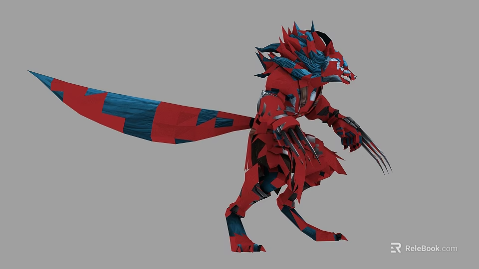 Red And Blue Sci Fi Monster With Spiky Design Sharp Claws And Long Tail 3d model 