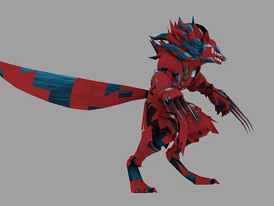 Red And Blue Sci Fi Monster With Spiky Design Sharp Claws And Long Tail 3d model