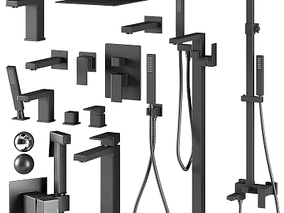 Various Modern Black Bathroom And Kitchen Faucet Fixtures With Shower Components 3d model