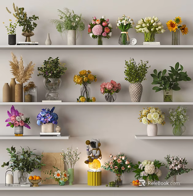 Decorative Shelf Display With Various Colorful Flowers In Glass And Ceramic Vases 3d model 