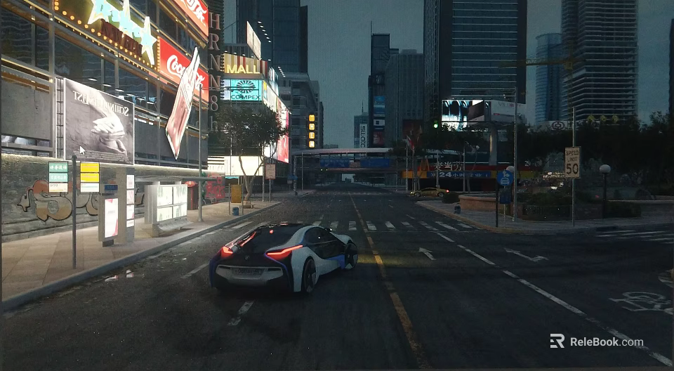 Vibrant Night Commercial Street With Neon Billboards Tall Buildings And Modern Sports Car 3d model 