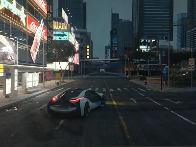 Vibrant Night Commercial Street With Neon Billboards Tall Buildings And Modern Sports Car 3d model