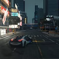 Vibrant Night Commercial Street With Neon Billboards Tall Buildings And Modern Sports Car