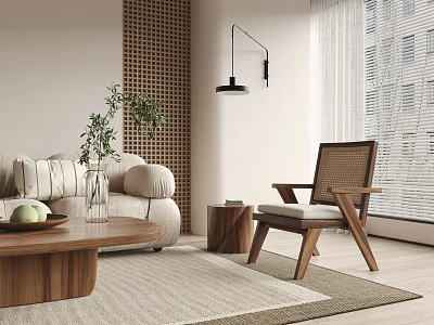 Modern Natural Living Room Interior With Sofa Wooden Coffee Table Rattan Chair And Slatted Wall 3d model