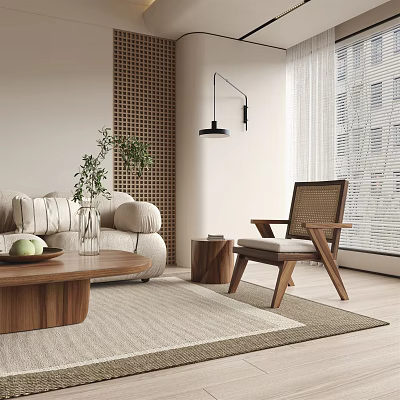 Modern Natural Living Room Interior With Sofa Wooden Coffee Table Rattan Chair And Slatted Wall 3d model