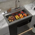 Contemporary Kitchen Featuring Stainless Steel Sink With Fresh Fruits On Marble Countertop And Coffee Machine