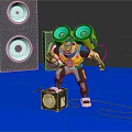 Pink Haired Character With Large Headphones And Microphone Standing Near Speakers On Blue Floor