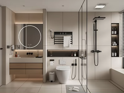 Modern Bathroom Interior Design With Round Mirror Wall Mounted Toilet Glass Shower And Cabinets 3d model