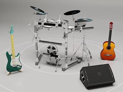 Collection of Musical Instruments with Electric and Acoustic Guitars Drum Set and Speaker 3d model