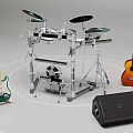 Collection of Musical Instruments with Electric and Acoustic Guitars Drum Set and Speaker