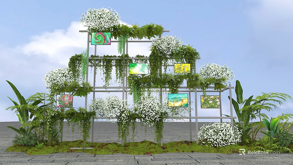 Stunning Floral Display Installation With Metal Frame White Blooms Green Vines And Colorful Decorative Panels 3d model 