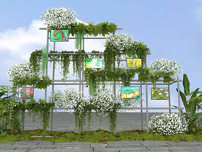 Stunning Floral Display Installation With Metal Frame White Blooms Green Vines And Colorful Decorative Panels 3d model