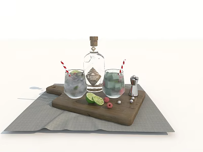 Refreshing Cocktail Drink With Clear Bottle Ice Cubes Lime Slices And Berries On Wooden Tray 3d model