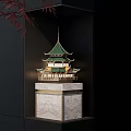 Chinese Style Pavilion with Green Roof on Marble Base and Red Maple Leaves