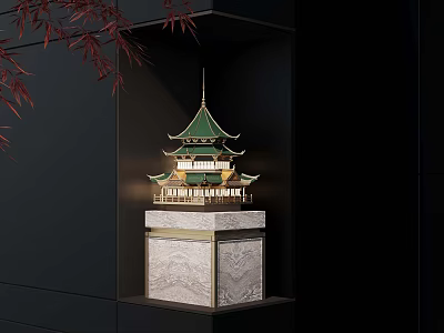 Chinese Style Pavilion with Green Roof on Marble Base and Red Maple Leaves 3d model
