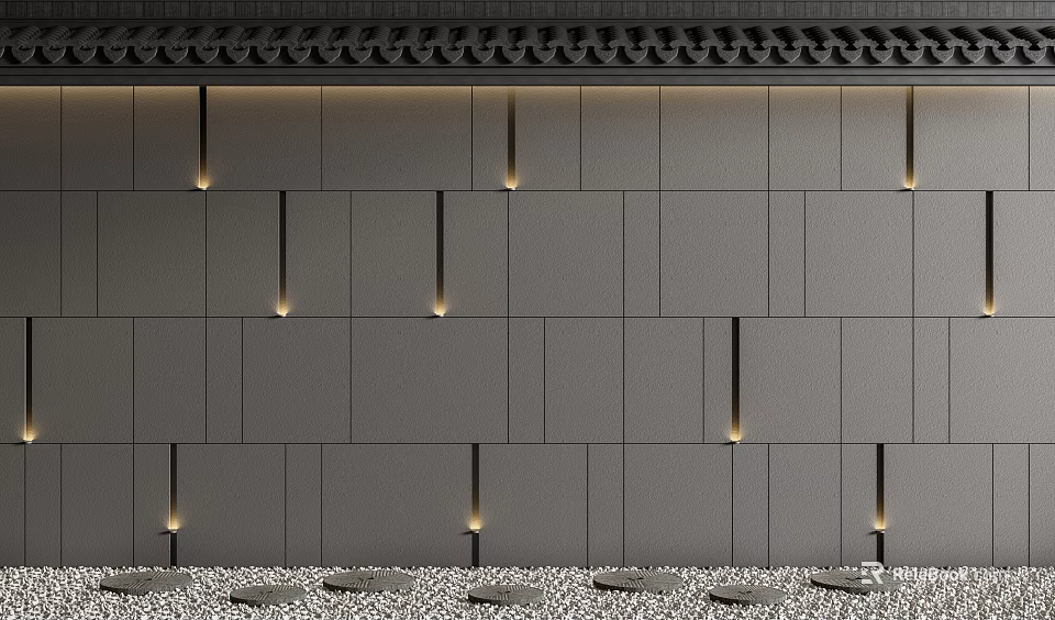 Traditional Background Wall Design With Gray Panels Vertical Lights Black Tile And Pebble Base 3d model 