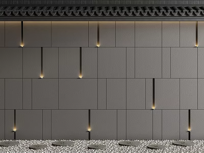 Traditional Background Wall Design With Gray Panels Vertical Lights Black Tile And Pebble Base 3d model