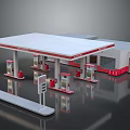 Gas Station Building With White Roof Red Accents Multiple Fuel Pumps And Modern Design