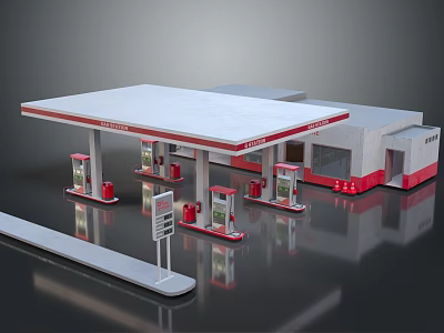 Gas Station Building With White Roof Red Accents Multiple Fuel Pumps And Modern Design 3d model