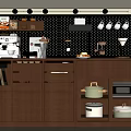 Brown Wooden Sideboard With Pegboard Back Panel Coffee Machine Jars Books And Glass Doors