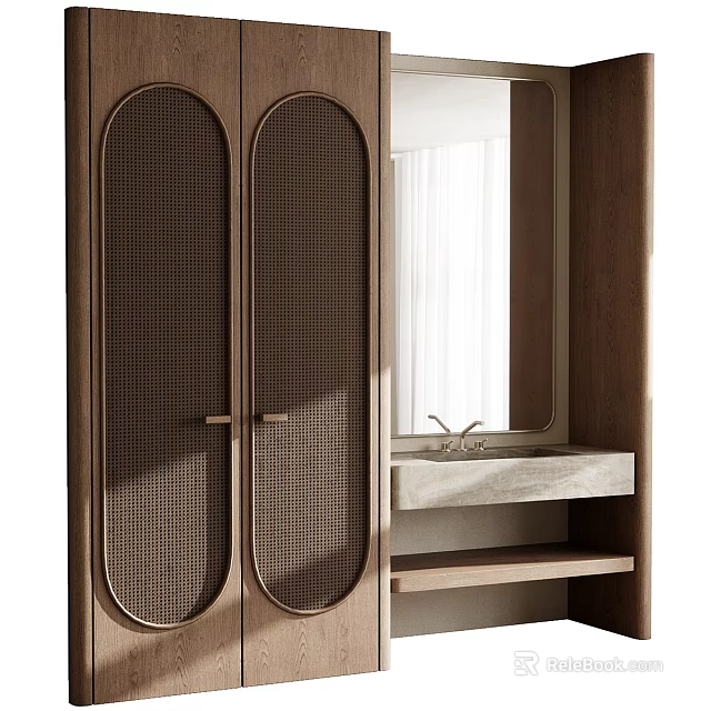 Modern Bathroom Interior Design With Wooden Doors Mirror And Sink 3d model 