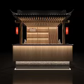 Traditional Chinese Style Wooden Reception Desk With Classic Roof And Red Lantern Decorations