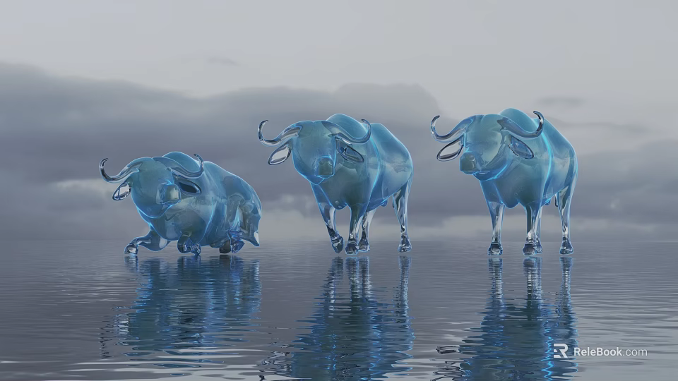 Blue Transparent Buffalo Ornament Sets With Water Reflection And Mountain Sky Background 3d model 