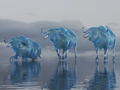 Blue Transparent Buffalo Ornament Sets With Water Reflection And Mountain Sky Background 3d model
