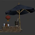 Outdoor Wooden Platform With Blue Umbrella Red Lantern Striped Cloth And Bamboo Tubes