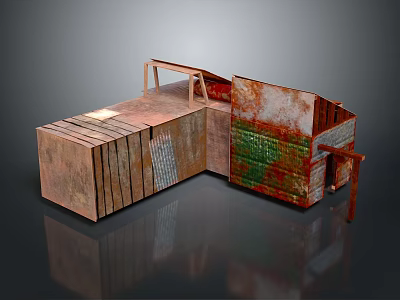 Rusted Metal Architectural Model With Industrial Style Combined Structure Windows And Doors On Reflective Surface 3d model