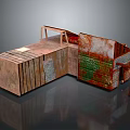 Rusted Metal Architectural Model With Industrial Style Combined Structure Windows And Doors On Reflective Surface