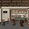 Café with Wooden Ceiling Open Bar Counter Green Tile Backsplash Wooden Furniture and Menu Board
