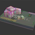 Display Platform With Transparent Wrapped Cubes Scrolls Warning Stripes And Blueprints