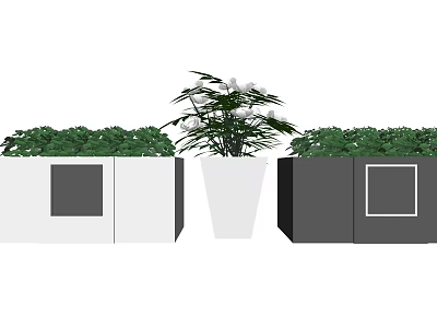 White And Black Flower Planters With Geometric Design And Green Plants 3d model
