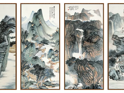 Traditional Chinese Landscape Paintings with Mountains Waterfall Trees Rocks and Figures 3d model