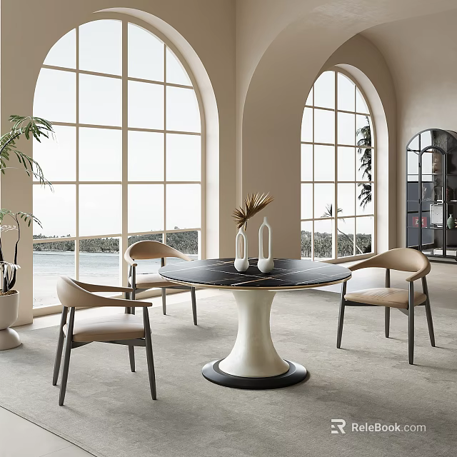 Modern Dining Table Set With Round Black Top White Base And Light Curved Chairs 3d model 