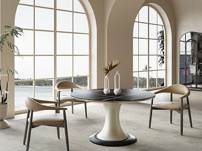 Modern Dining Table Set With Round Black Top White Base And Light Curved Chairs 3d model
