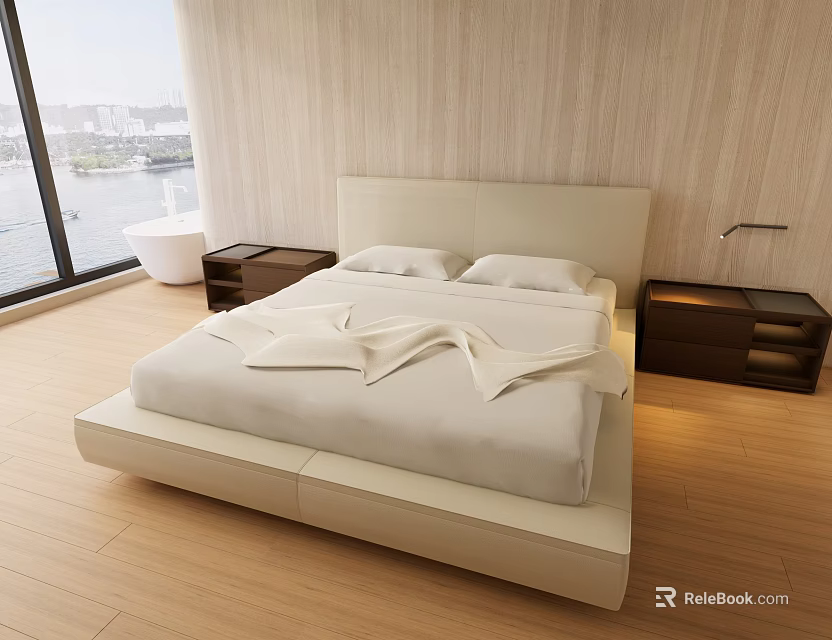 Modern White Double Bed With Headboard Nightstands Lamps Wooden Walls Large Windows City Water View 3d model 