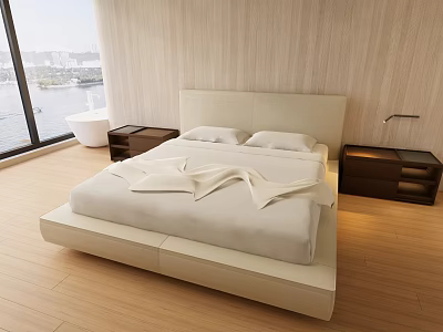 Modern White Double Bed With Headboard Nightstands Lamps Wooden Walls Large Windows City Water View 3d model