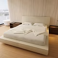 Modern White Double Bed With Headboard Nightstands Lamps Wooden Walls Large Windows City Water View