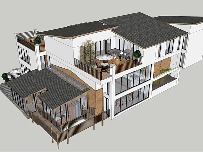 Modern Two Story Villa Exterior With Gray Roof Large Glass Windows And Balcony Terrace 3d model