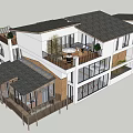 Modern Two Story Villa Exterior With Gray Roof Large Glass Windows And Balcony Terrace