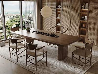 Wooden Tea Table and Chairs with Hanging Lamp Floor to Ceiling Windows and Outdoor View 3d model