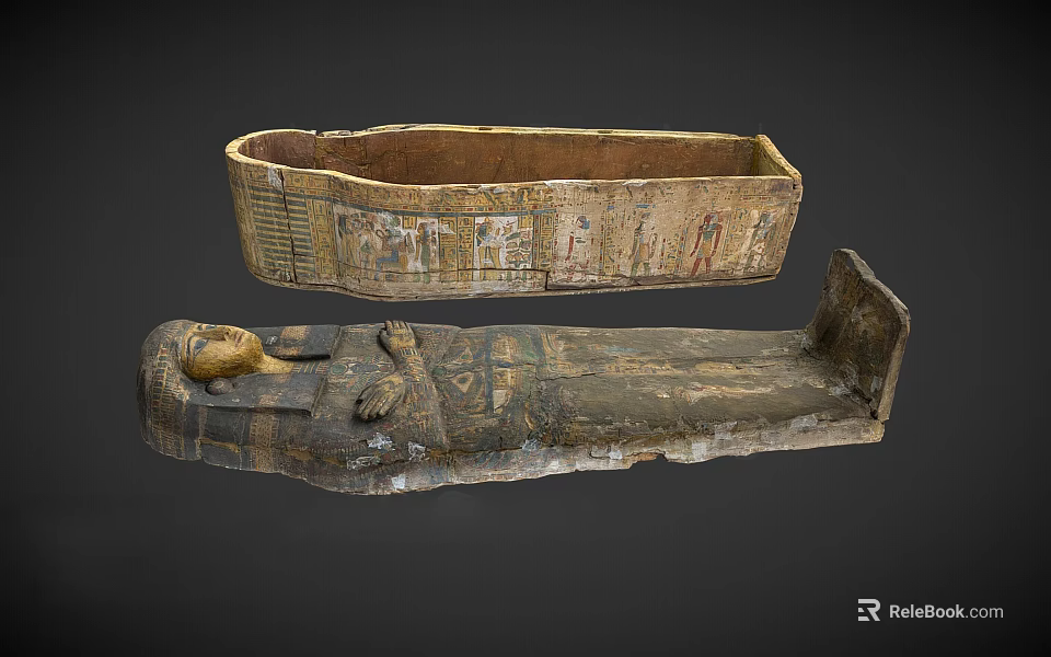 Ancient Egyptian Anthropoid Coffin And Outer Case With Painted Hieroglyphs And Decorative Art 3d model 