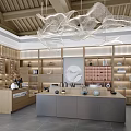 Elegant Modern Specialty Store Interior With Wooden Shelves White Artistic Chandeliers And Display Cabinets